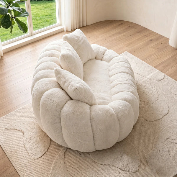 75.49" Beige Faux Fur 2-Seater Petal Shaped Loveseat Sofa, Contemporary Plush Upholstered Flower Couch with 3 Throw Pillows for Living Room Bedroom  Wooden Bazar