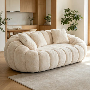 75.49" Beige Faux Fur 2-Seater Petal Shaped Loveseat Sofa, Contemporary Plush Upholstered Flower Couch with 3 Throw Pillows for Living Room Bedroom  Wooden Bazar