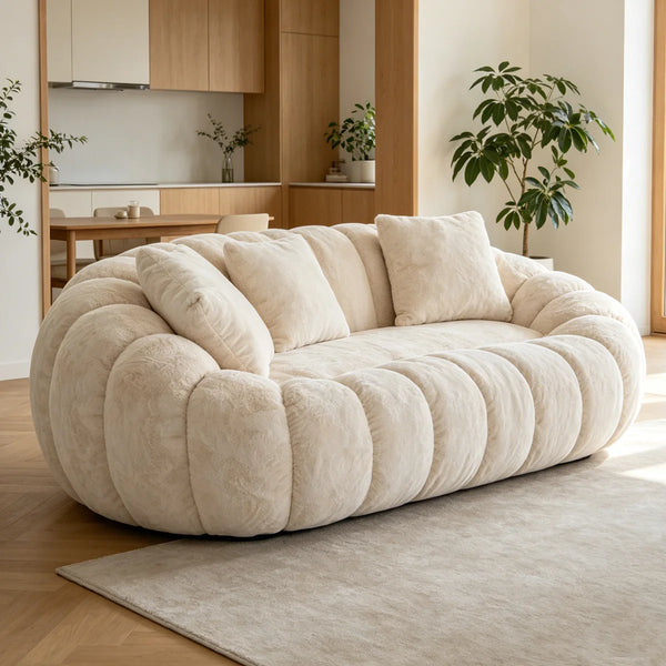 75.49" Beige Faux Fur 2-Seater Petal Shaped Loveseat Sofa, Contemporary Plush Upholstered Flower Couch with 3 Throw Pillows for Living Room Bedroom  Wooden Bazar