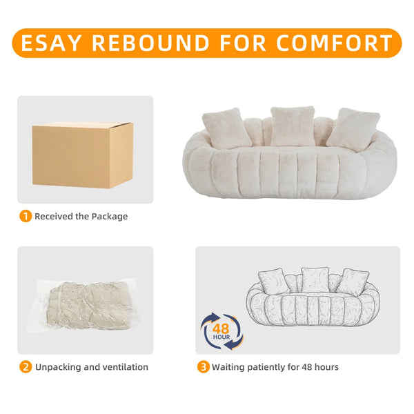 75.49" Beige Faux Fur 2-Seater Petal Shaped Loveseat Sofa, Contemporary Plush Upholstered Flower Couch with 3 Throw Pillows for Living Room Bedroom  Wooden Bazar