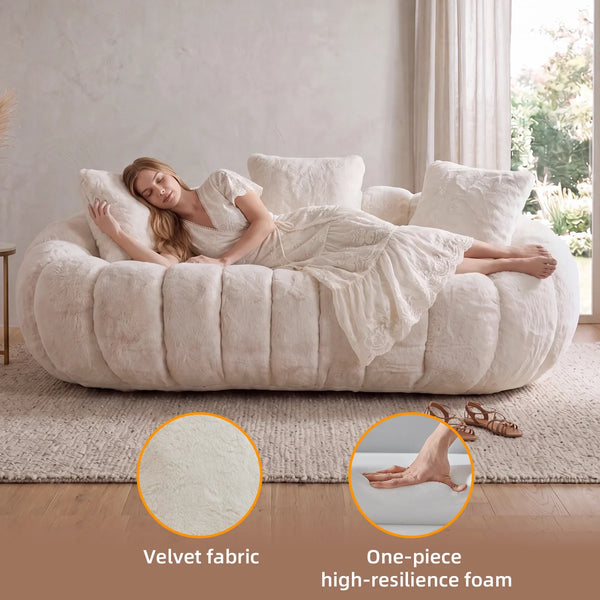 75.49" Beige Faux Fur 2-Seater Petal Shaped Loveseat Sofa, Contemporary Plush Upholstered Flower Couch with 3 Throw Pillows for Living Room Bedroom  Wooden Bazar
