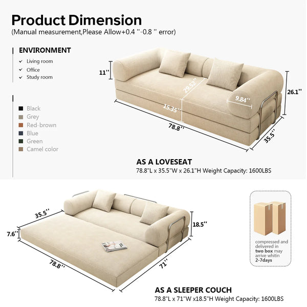 78.8" Modular Sofa Bed - 4-in-1 Convertible Design with Corduroy Fabric and High Density Sponge, Removable Cover and Fixed Frame  Wooden Bazar