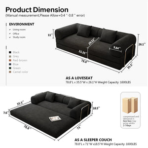 78.8" Modular Sofa Bed - 4-in-1 Convertible Design with Corduroy Fabric and High Density Sponge, Removable Cover and Fixed Frame  Wooden Bazar
