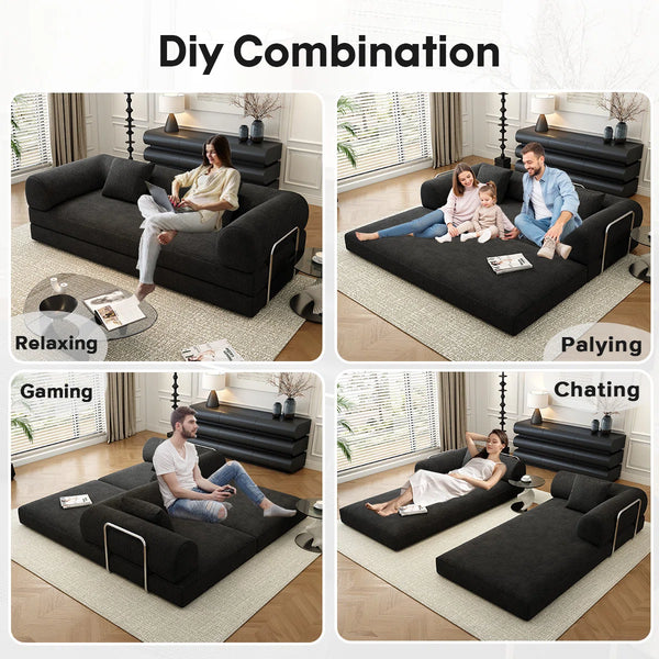 78.8" Modular Sofa Bed - 4-in-1 Convertible Design with Corduroy Fabric and High Density Sponge, Removable Cover and Fixed Frame  Wooden Bazar