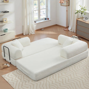 79" Corduroy Sleeper Sofa Boneless Modular Sofa Bed Compression Foam Couch Bed With 2 Pillows and Fixed Metal Frame, Blue  Wooden Bazar