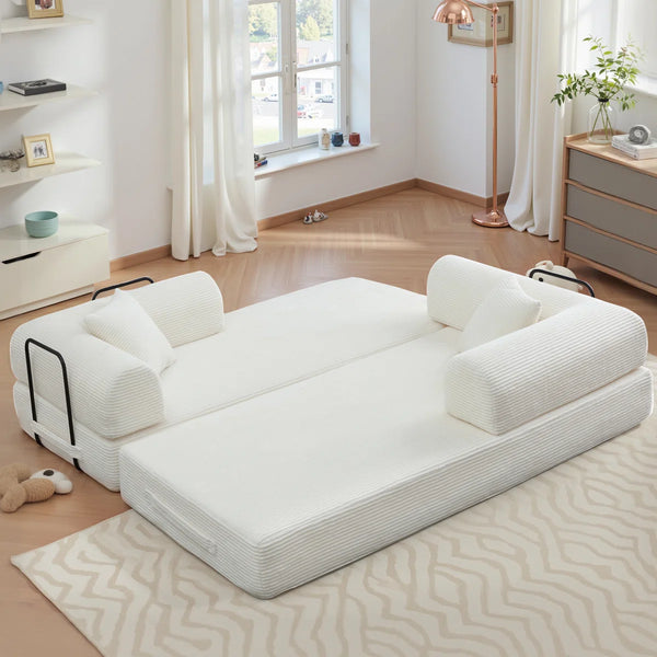 79" Corduroy Sleeper Sofa Boneless Modular Sofa Bed Compression Foam Couch Bed With 2 Pillows and Fixed Metal Frame, Blue  Wooden Bazar