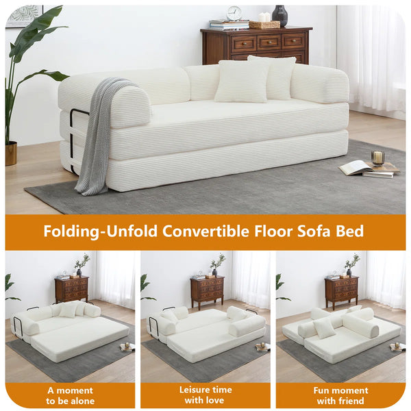 79" Corduroy Sleeper Sofa Boneless Modular Sofa Bed Compression Foam Couch Bed With 2 Pillows and Fixed Metal Frame, Blue  Wooden Bazar