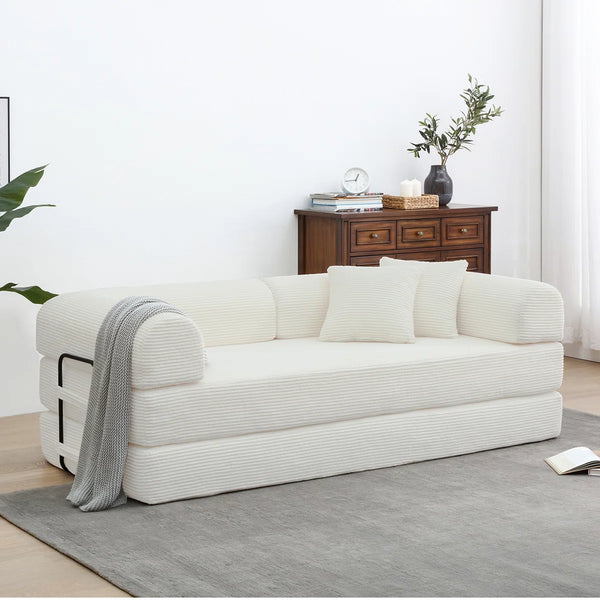 79" Corduroy Sleeper Sofa Boneless Modular Sofa Bed Compression Foam Couch Bed With 2 Pillows and Fixed Metal Frame, Blue  Wooden Bazar