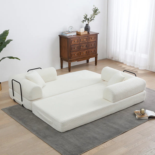 79" Corduroy Sleeper Sofa Boneless Modular Sofa Bed Compression Foam Couch Bed With 2 Pillows and Fixed Metal Frame, Blue  Wooden Bazar