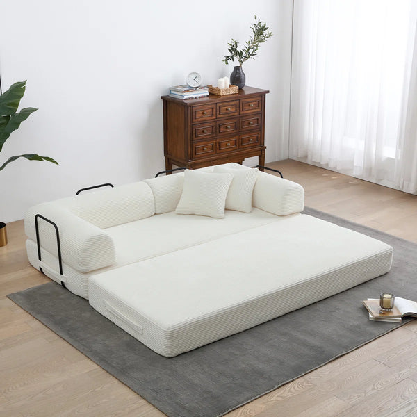 79" Corduroy Sleeper Sofa Boneless Modular Sofa Bed Compression Foam Couch Bed With 2 Pillows and Fixed Metal Frame, Blue  Wooden Bazar