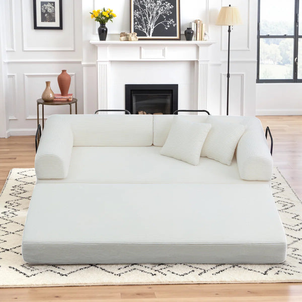 79" Corduroy Sleeper Sofa Boneless Modular Sofa Bed Compression Foam Couch Bed With 2 Pillows and Fixed Metal Frame, Blue  Wooden Bazar