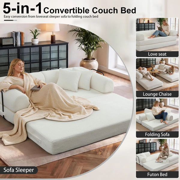 79" Corduroy Sleeper Sofa Boneless Modular Sofa Bed Compression Foam Couch Bed With 2 Pillows and Fixed Metal Frame, Blue  Wooden Bazar