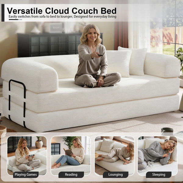 79" Corduroy Sleeper Sofa Boneless Modular Sofa Bed Compression Foam Couch Bed With 2 Pillows and Fixed Metal Frame, Blue  Wooden Bazar