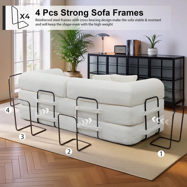 79" Corduroy Sleeper Sofa Boneless Modular Sofa Bed Compression Foam Couch Bed With 2 Pillows and Fixed Metal Frame, Blue  Wooden Bazar