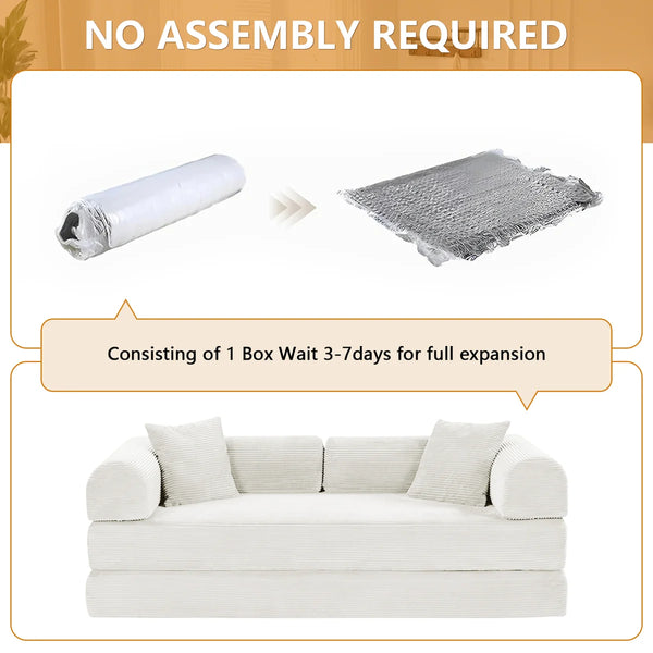 79" Corduroy Sleeper Sofa Boneless Modular Sofa Bed Compression Foam Couch Bed With 2 Pillows and Fixed Metal Frame, Blue  Wooden Bazar