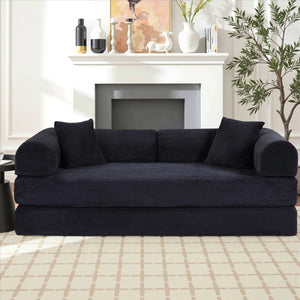 79" Corduroy Sleeper Sofa Boneless Modular Sofa Bed Compression Foam Couch Bed With 2 Pillows and Fixed Metal Frame, Blue  Wooden Bazar