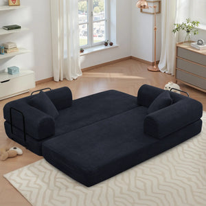 79" Corduroy Sleeper Sofa Boneless Modular Sofa Bed Compression Foam Couch Bed With 2 Pillows and Fixed Metal Frame, Blue  Wooden Bazar