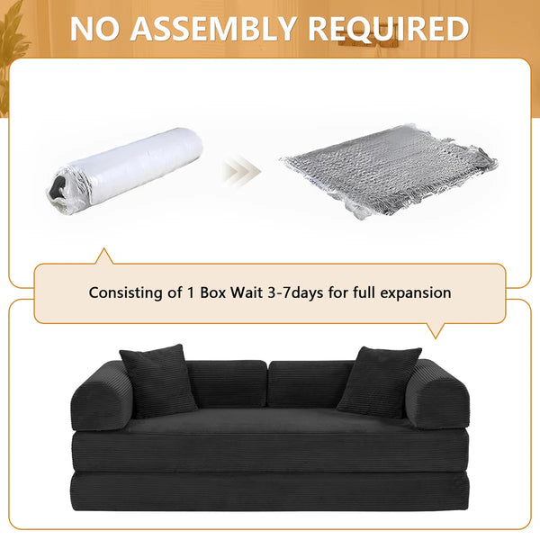 79" Corduroy Sleeper Sofa Boneless Modular Sofa Bed Compression Foam Couch Bed With 2 Pillows and Fixed Metal Frame, Blue  Wooden Bazar