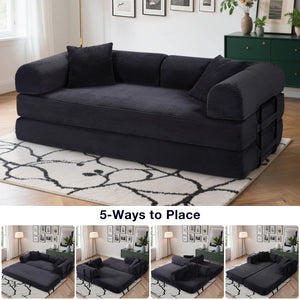 79" Corduroy Sleeper Sofa Boneless Modular Sofa Bed Compression Foam Couch Bed With 2 Pillows and Fixed Metal Frame, Blue  Wooden Bazar