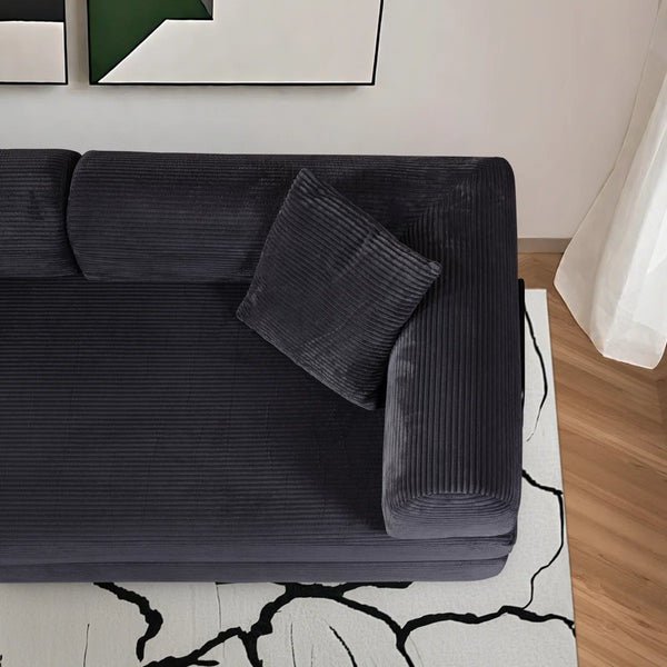79" Corduroy Sleeper Sofa Boneless Modular Sofa Bed Compression Foam Couch Bed With 2 Pillows and Fixed Metal Frame, Blue  Wooden Bazar