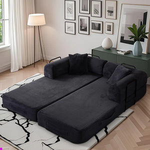 79" Corduroy Sleeper Sofa Boneless Modular Sofa Bed Compression Foam Couch Bed With 2 Pillows and Fixed Metal Frame, Blue  Wooden Bazar