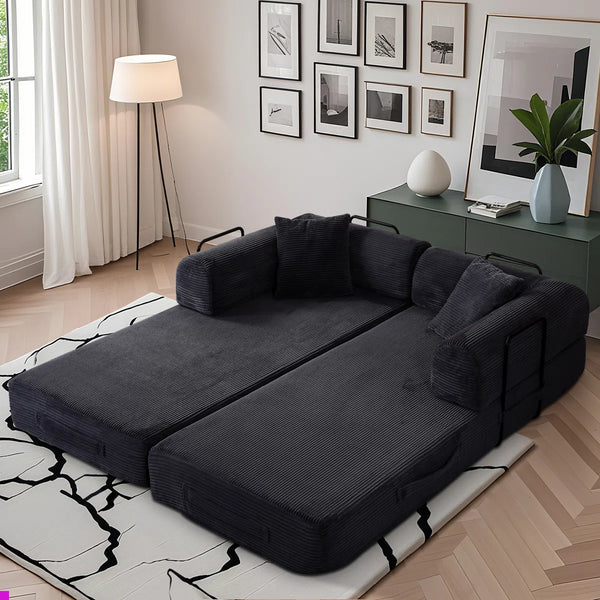 79" Corduroy Sleeper Sofa Boneless Modular Sofa Bed Compression Foam Couch Bed With 2 Pillows and Fixed Metal Frame, Blue  Wooden Bazar