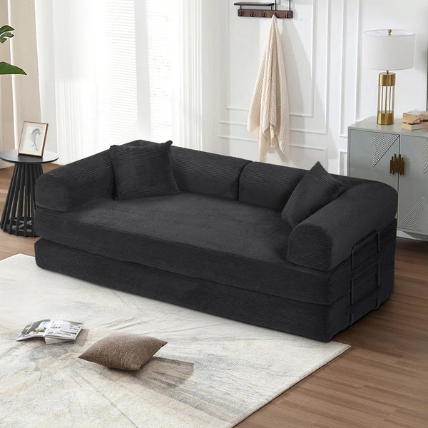 79" Corduroy Sleeper Sofa Boneless Modular Sofa Bed Compression Foam Couch Bed With 2 Pillows and Fixed Metal Frame, Blue  Wooden Bazar