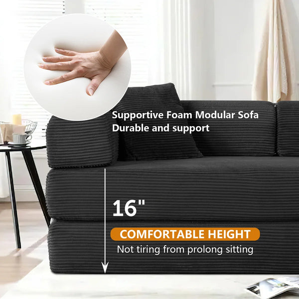 79" Corduroy Sleeper Sofa Boneless Modular Sofa Bed Compression Foam Couch Bed With 2 Pillows and Fixed Metal Frame, Blue  Wooden Bazar