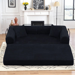 79" Corduroy Sleeper Sofa Boneless Modular Sofa Bed Compression Foam Couch Bed With 2 Pillows and Fixed Metal Frame, Blue  Wooden Bazar