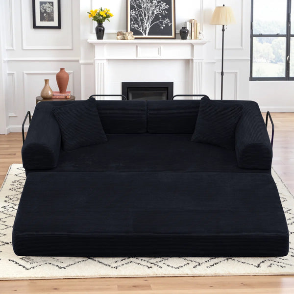 79" Corduroy Sleeper Sofa Boneless Modular Sofa Bed Compression Foam Couch Bed With 2 Pillows and Fixed Metal Frame, Blue  Wooden Bazar