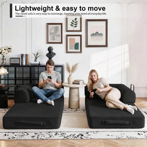 79" Corduroy Sleeper Sofa Boneless Modular Sofa Bed Compression Foam Couch Bed With 2 Pillows and Fixed Metal Frame, Blue  Wooden Bazar