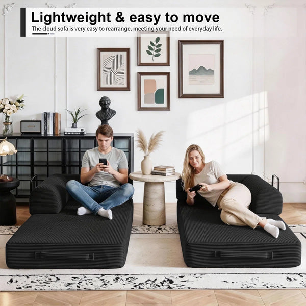 79" Corduroy Sleeper Sofa Boneless Modular Sofa Bed Compression Foam Couch Bed With 2 Pillows and Fixed Metal Frame, Blue  Wooden Bazar