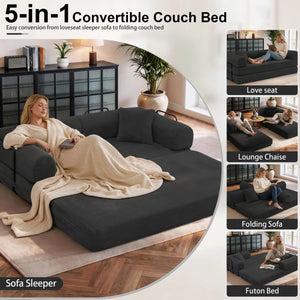 79" Corduroy Sleeper Sofa Boneless Modular Sofa Bed Compression Foam Couch Bed With 2 Pillows and Fixed Metal Frame, Blue  Wooden Bazar