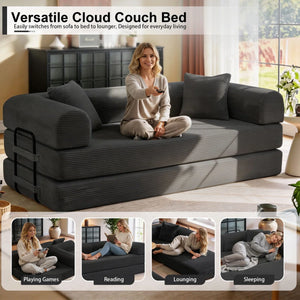 79" Corduroy Sleeper Sofa Boneless Modular Sofa Bed Compression Foam Couch Bed With 2 Pillows and Fixed Metal Frame, Blue  Wooden Bazar