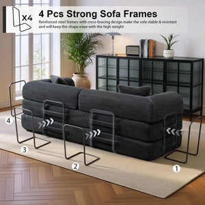 79" Corduroy Sleeper Sofa Boneless Modular Sofa Bed Compression Foam Couch Bed With 2 Pillows and Fixed Metal Frame, Blue  Wooden Bazar
