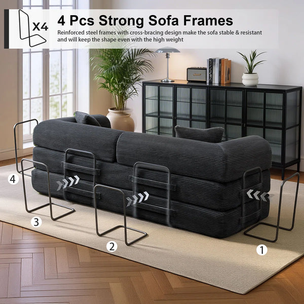 79" Corduroy Sleeper Sofa Boneless Modular Sofa Bed Compression Foam Couch Bed With 2 Pillows and Fixed Metal Frame, Blue  Wooden Bazar