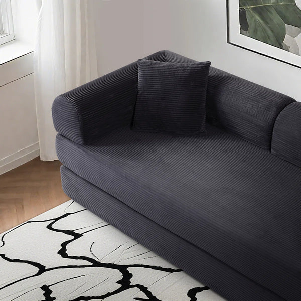 79" Corduroy Sleeper Sofa Boneless Modular Sofa Bed Compression Foam Couch Bed With 2 Pillows and Fixed Metal Frame, Blue  Wooden Bazar