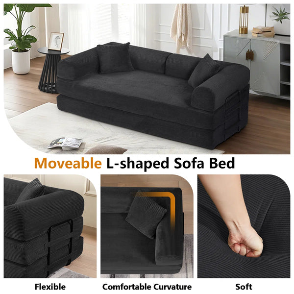 79" Corduroy Sleeper Sofa Boneless Modular Sofa Bed Compression Foam Couch Bed With 2 Pillows and Fixed Metal Frame, Blue  Wooden Bazar