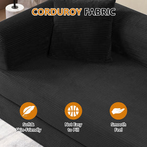 79" Corduroy Sleeper Sofa Boneless Modular Sofa Bed Compression Foam Couch Bed With 2 Pillows and Fixed Metal Frame, Blue  Wooden Bazar