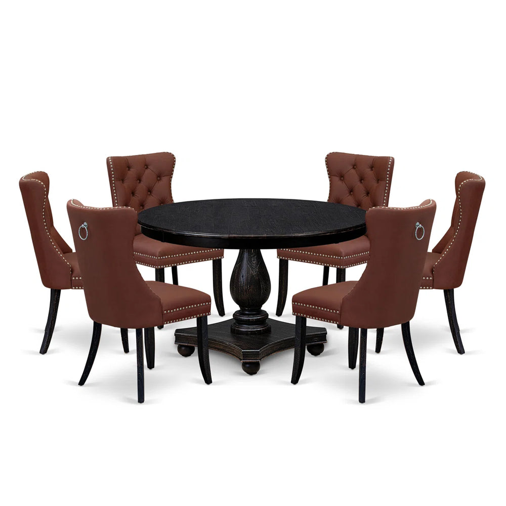 Kitchen Table Set Consists of a 48" Round Table with Pedestal and 6 Black Polyester Fabric Upholstered Chairs