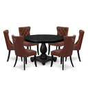 Kitchen Table Set Consists of a 48" Round Table with Pedestal and 6 Black Polyester Fabric Upholstered Chairs