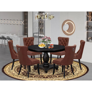 Kitchen Table Set Consists of a 48" Round Table with Pedestal and 6 Black Polyester Fabric Upholstered Chairs
