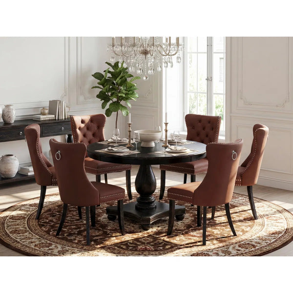 Kitchen Table Set Consists of a 48" Round Table with Pedestal and 6 Black Polyester Fabric Upholstered Chairs