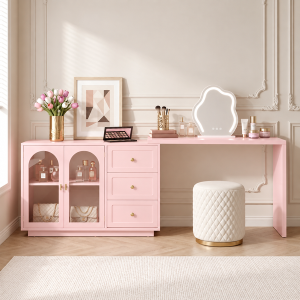 Yokota Extendable Makeup Vanity with 3 Drawers and 2 Acrylic Doors  Wooden Bazar
