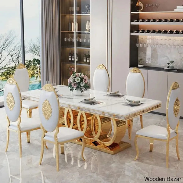 8 Seater Stylish Faux Marble Top Pedestal Dining Set 29.92’’H X 78.74’’L 35.43’’W