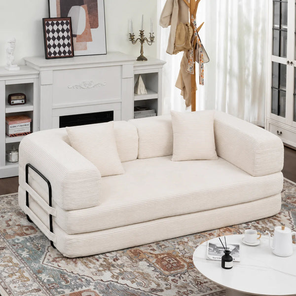 80" Convertible 4-In-1 Sleeper Sofa Bed With Removable Armrests  Wooden Bazar