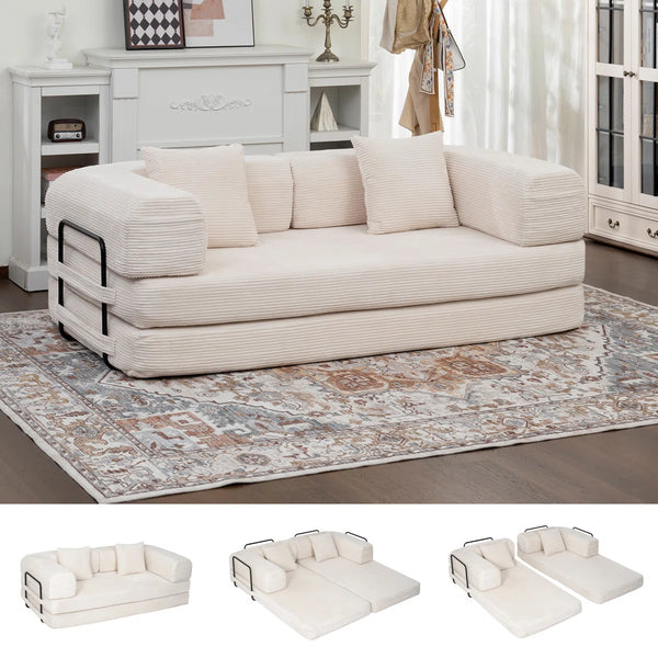 80" Convertible 4-In-1 Sleeper Sofa Bed With Removable Armrests  Wooden Bazar