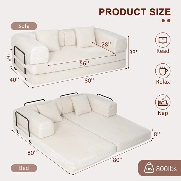 80" Convertible 4-In-1 Sleeper Sofa Bed With Removable Armrests  Wooden Bazar