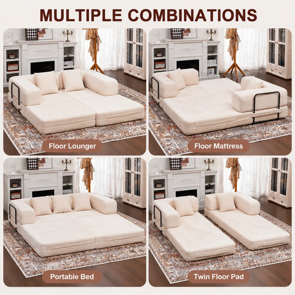 80" Convertible 4-In-1 Sleeper Sofa Bed With Removable Armrests  Wooden Bazar