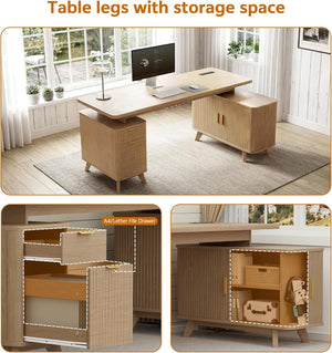 Farmhouse L Shaped Executive Desk with Drawers & Sliding Doors Fluted Storage Cabinet